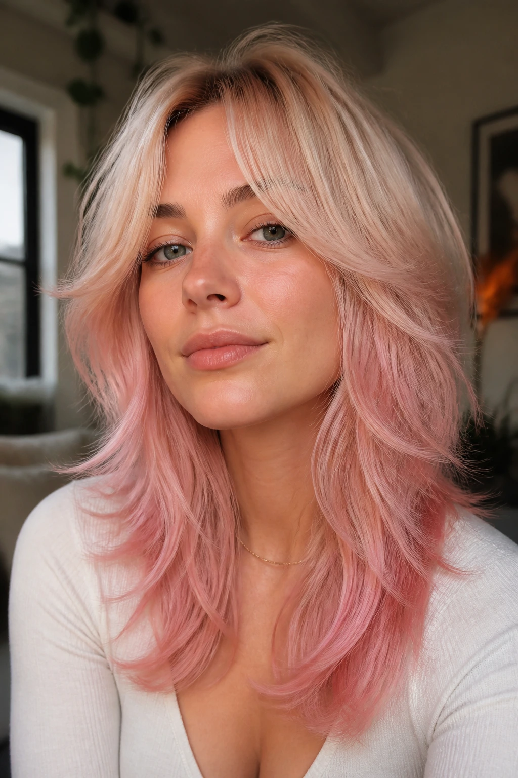 Portrait of a real woman with champagne-to-shell pink on airy shag layers.
