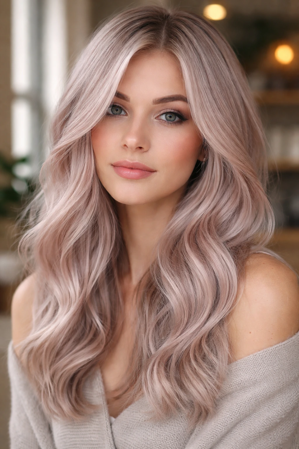 Close-up portrait of a real woman with champagne-pink silver hair in a salon setting