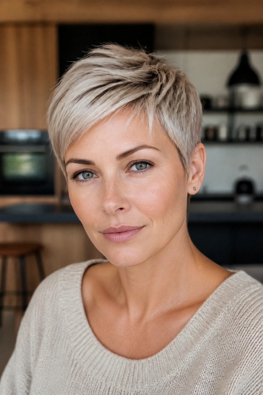 Close-up of a real woman with a champagne pixie cut and cool-toned silver tint