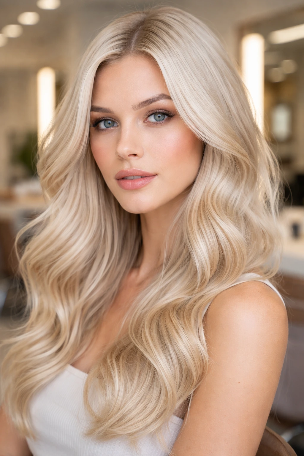 Close-up of a real woman with champagne platinum hair in a bright salon