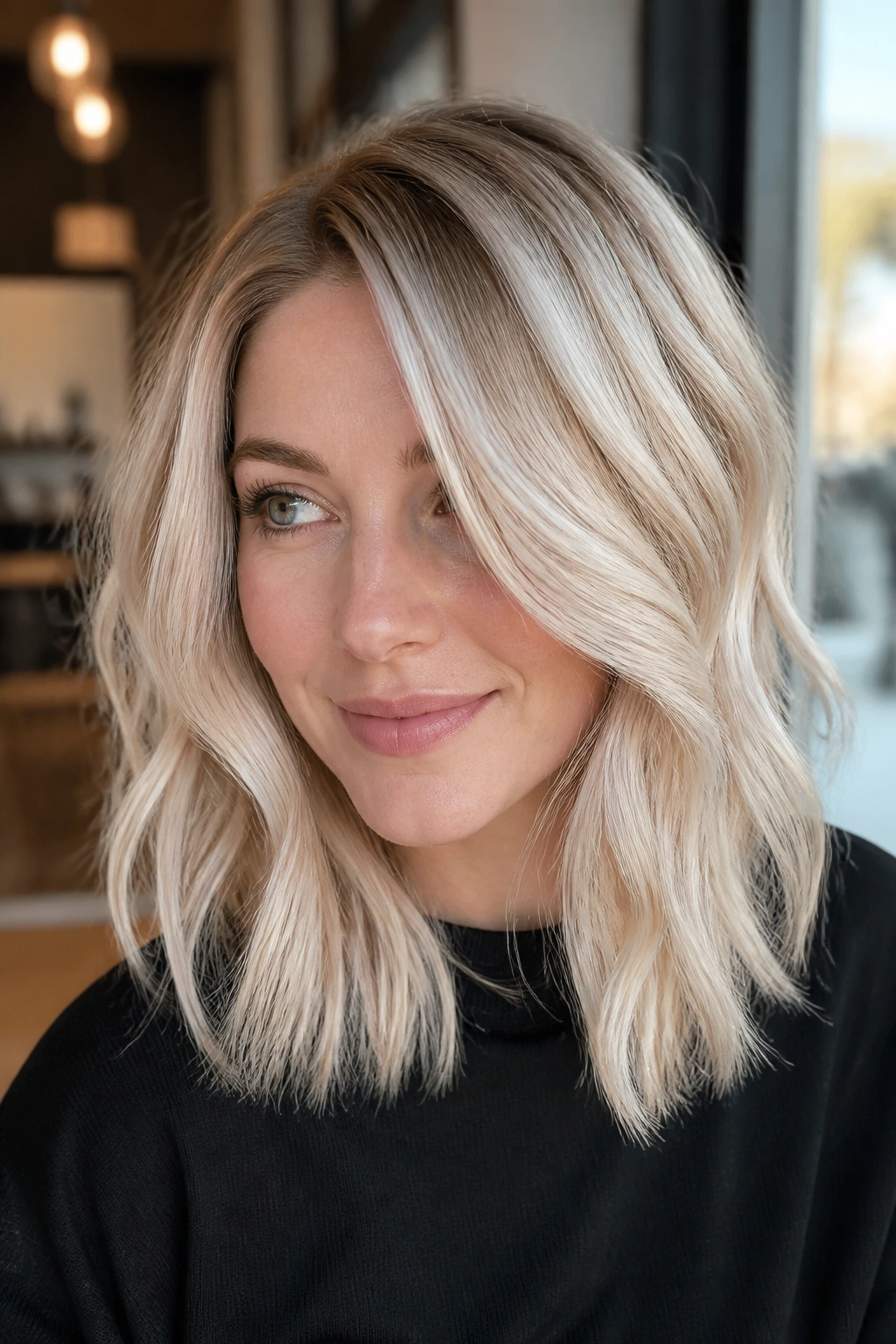 Close-up of a woman with champagne platinum hair and soft root shadow