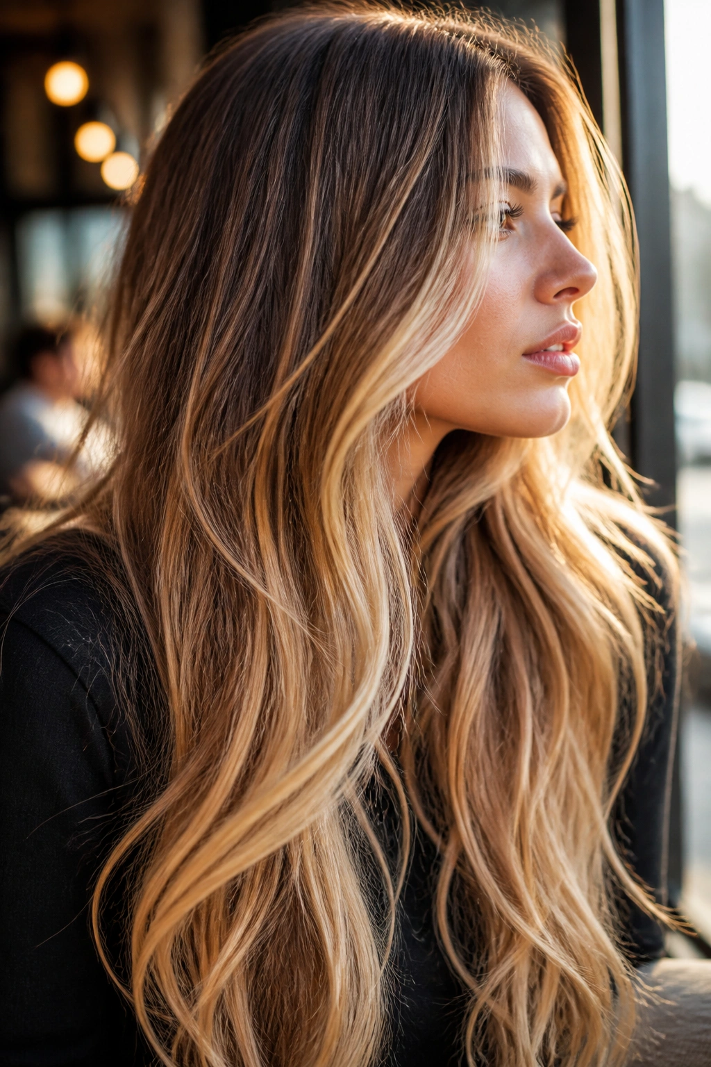 Woman with champagne ribbon balayage in sunlit cafe setting