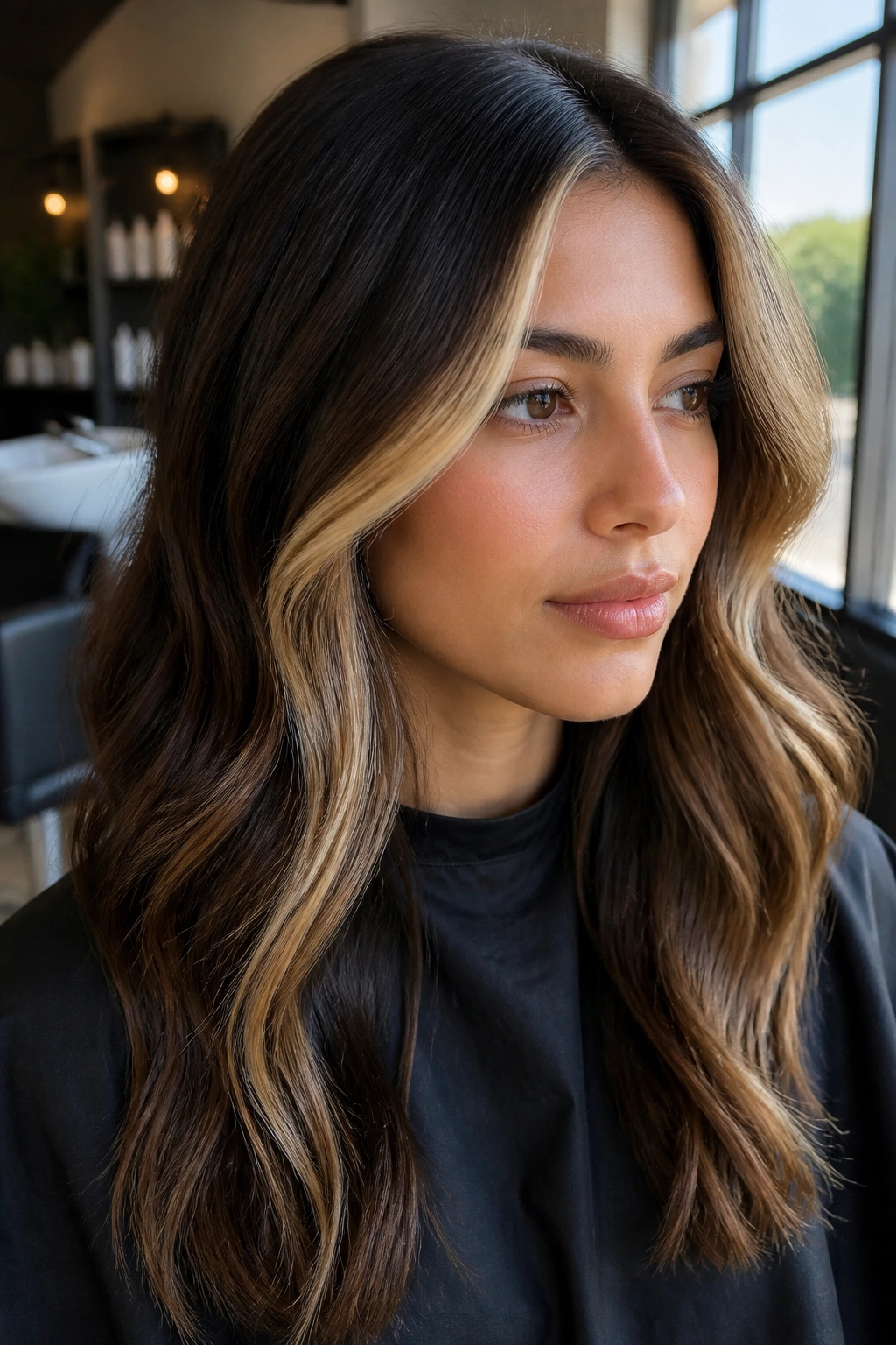 Brunette with champagne ribbons framing the face and light front panels
