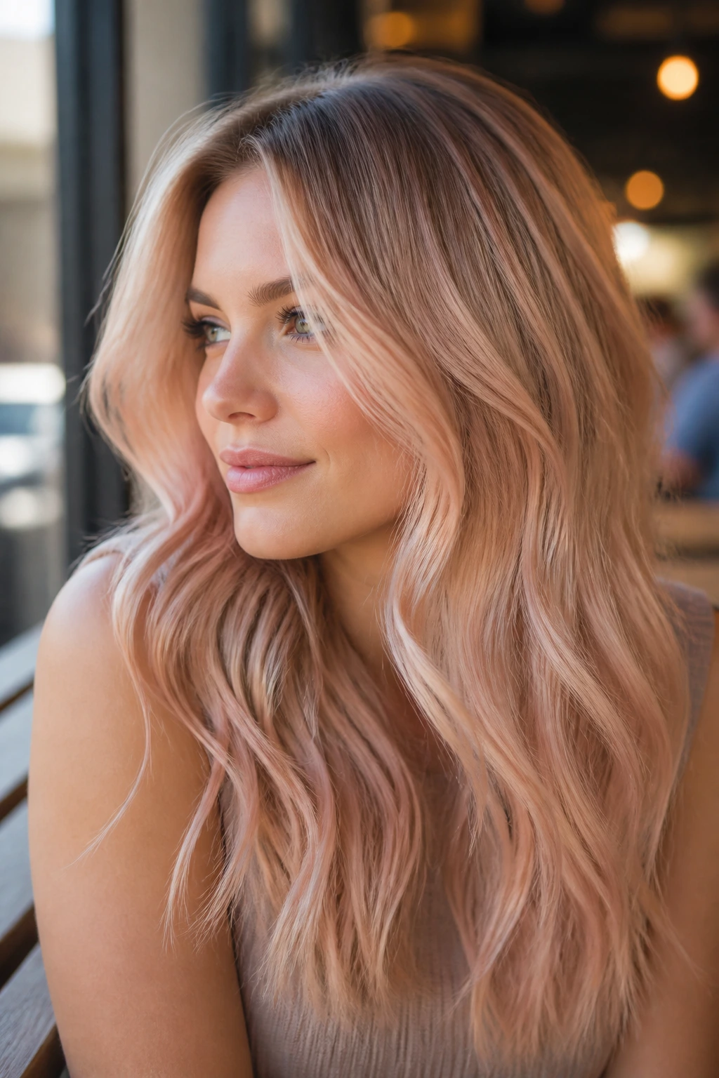 Real-person portrait of champagne rose blonde with subtle root depth
