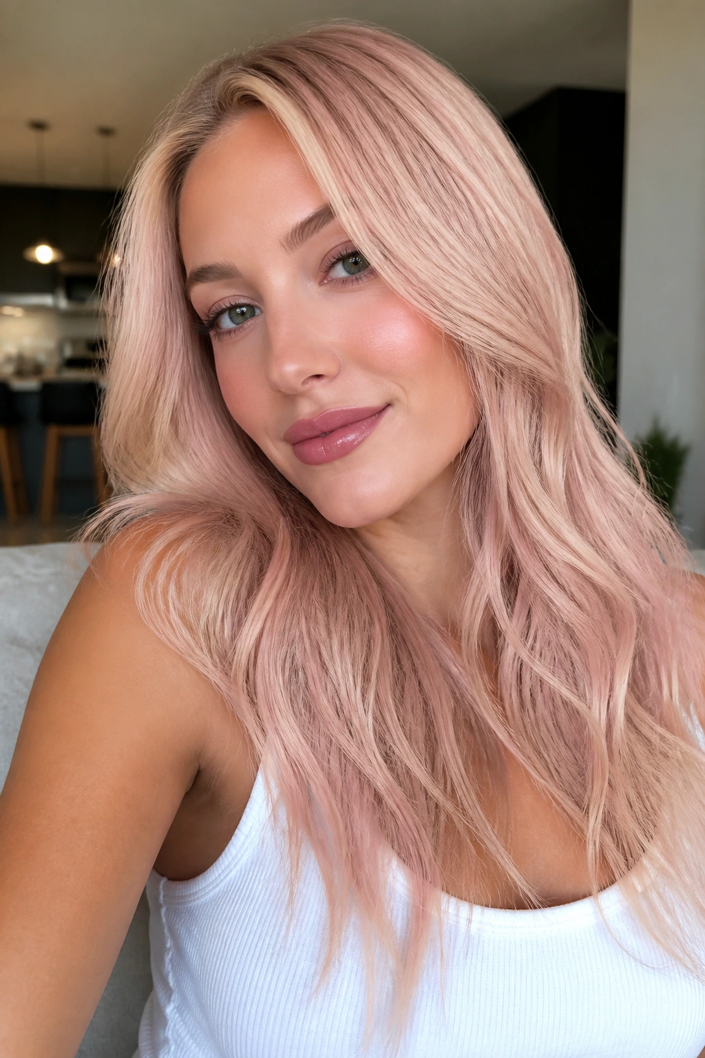 Close-up portrait of a real woman with champagne rose blonde hair under indoor light