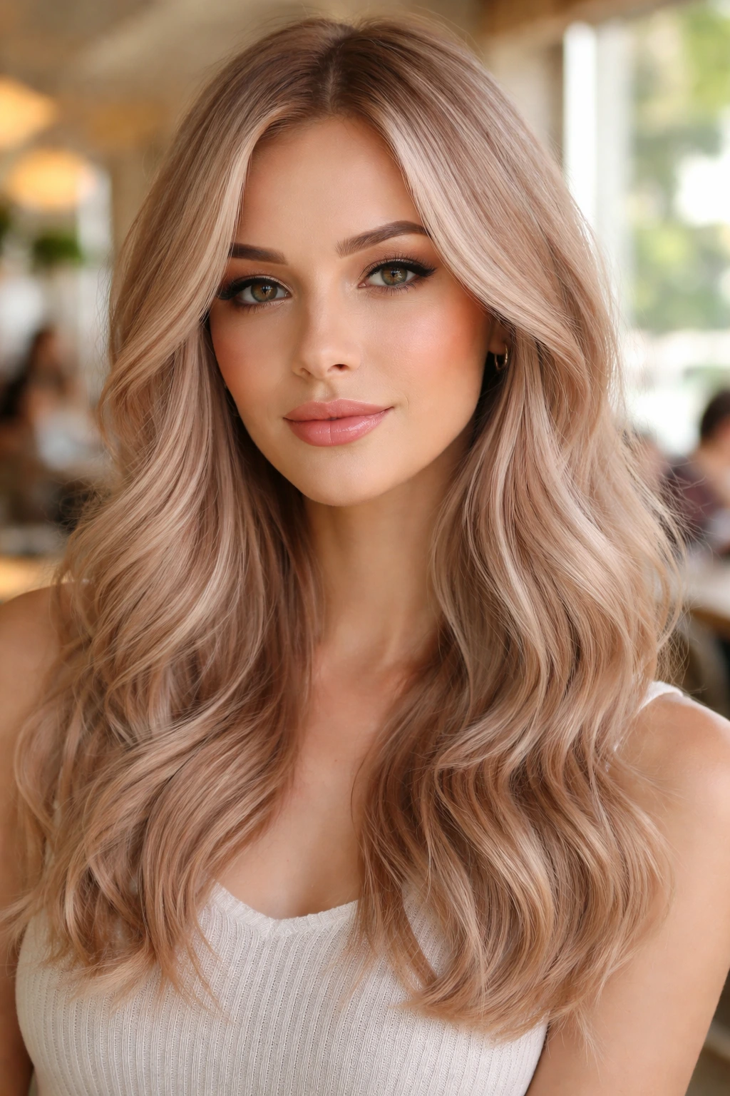 Woman with champagne and rose gold blend hair, dusty pink-blonde tones.