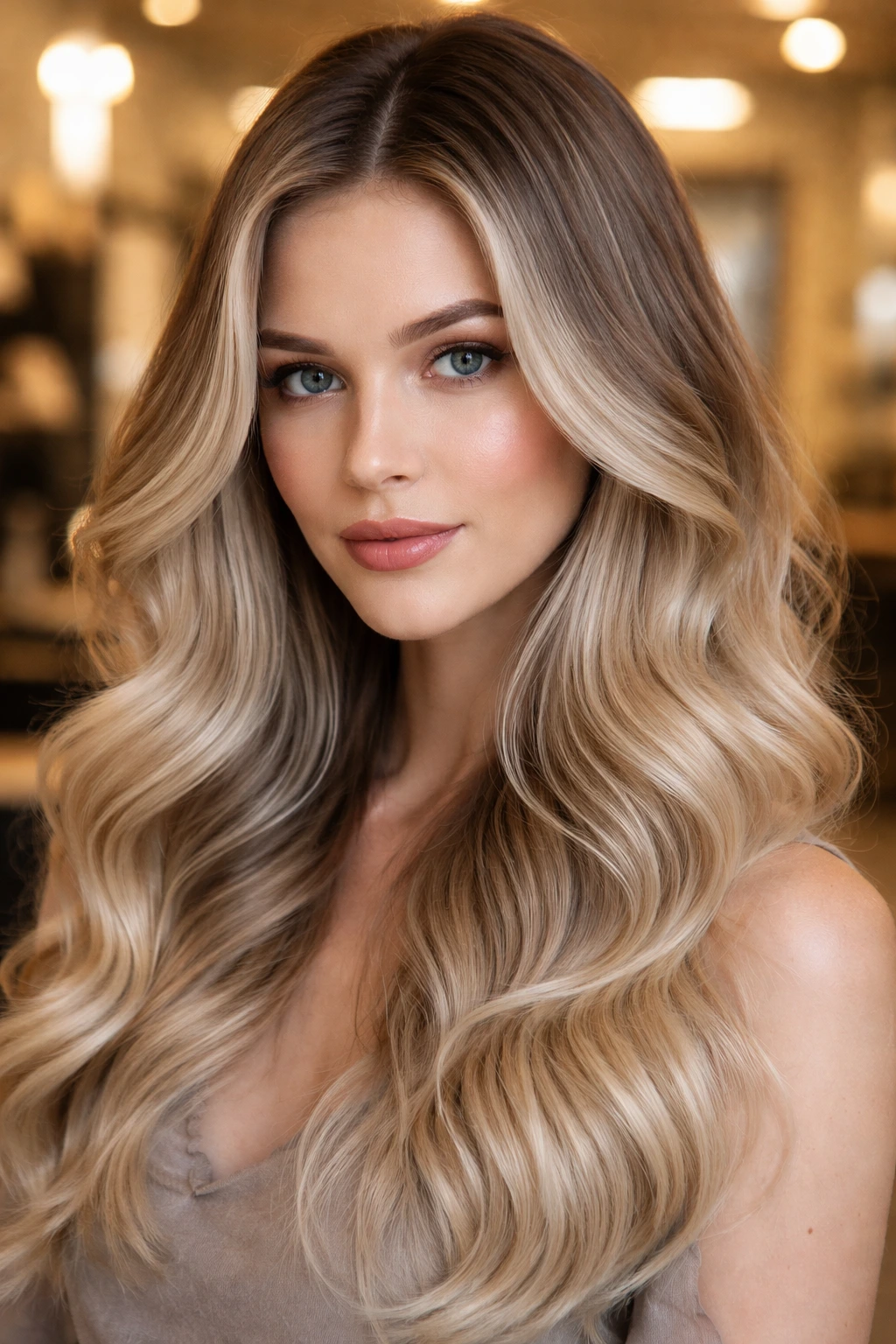Real woman with champagne shadow root, darker roots fading to icy champagne.
