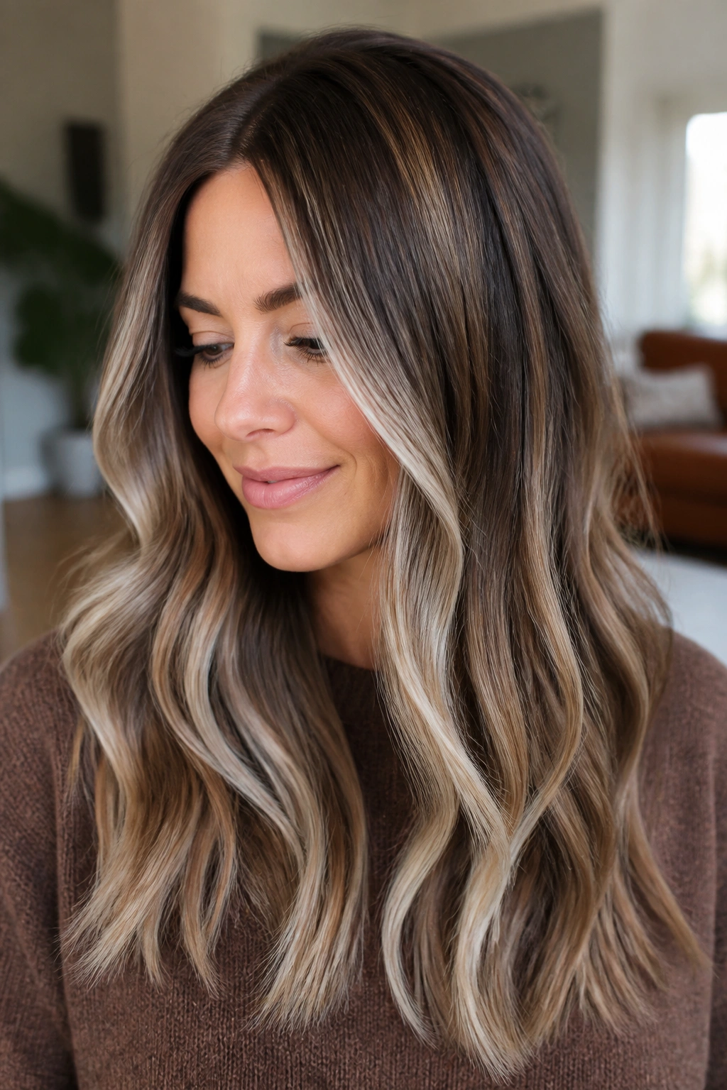 Close-up of warm brown hair with champagne-to-silver blend