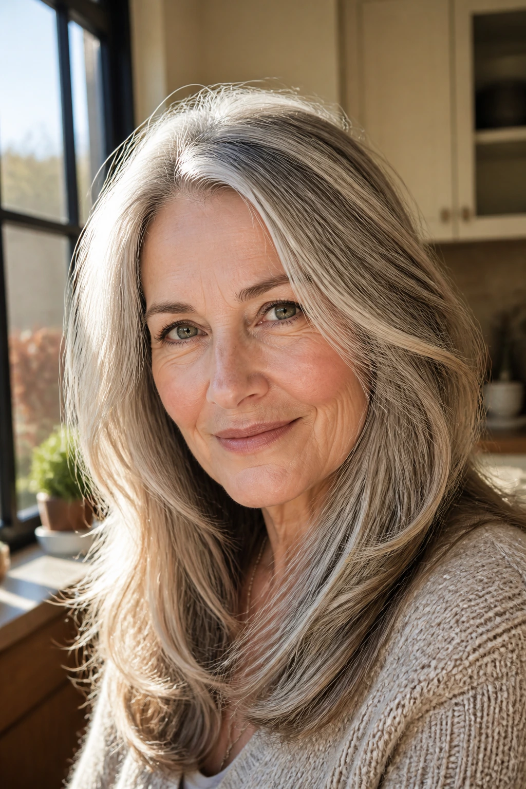 Real woman with champagne silver blend near face for warmer skin