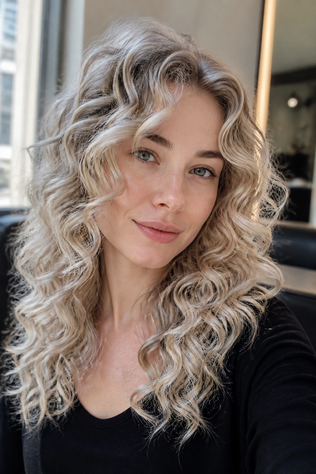 Portrait of a woman with champagne-silver curly hair and varied foils