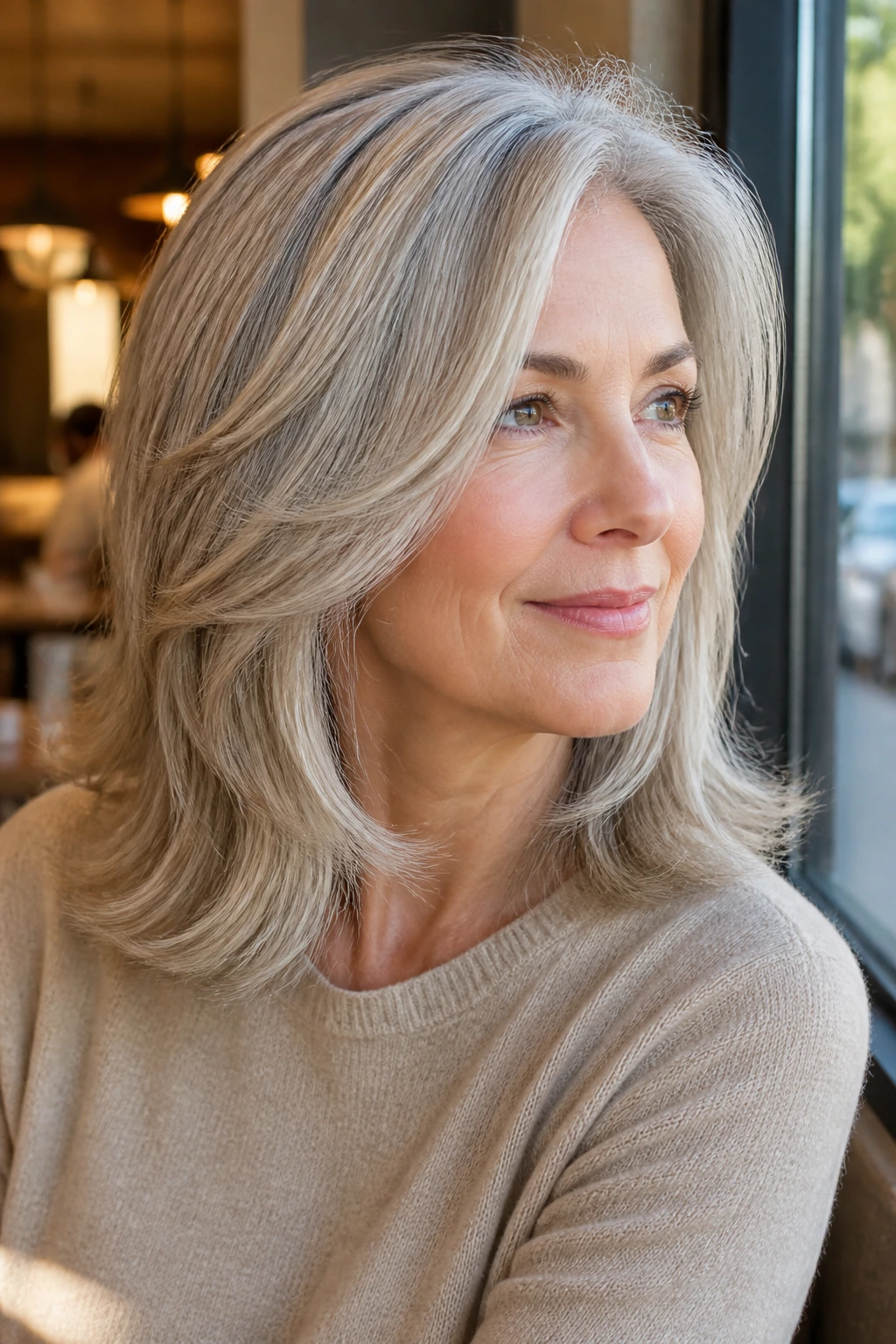 Portrait of a real woman with champagne silver layers and beige-gold lowlights in natural light.