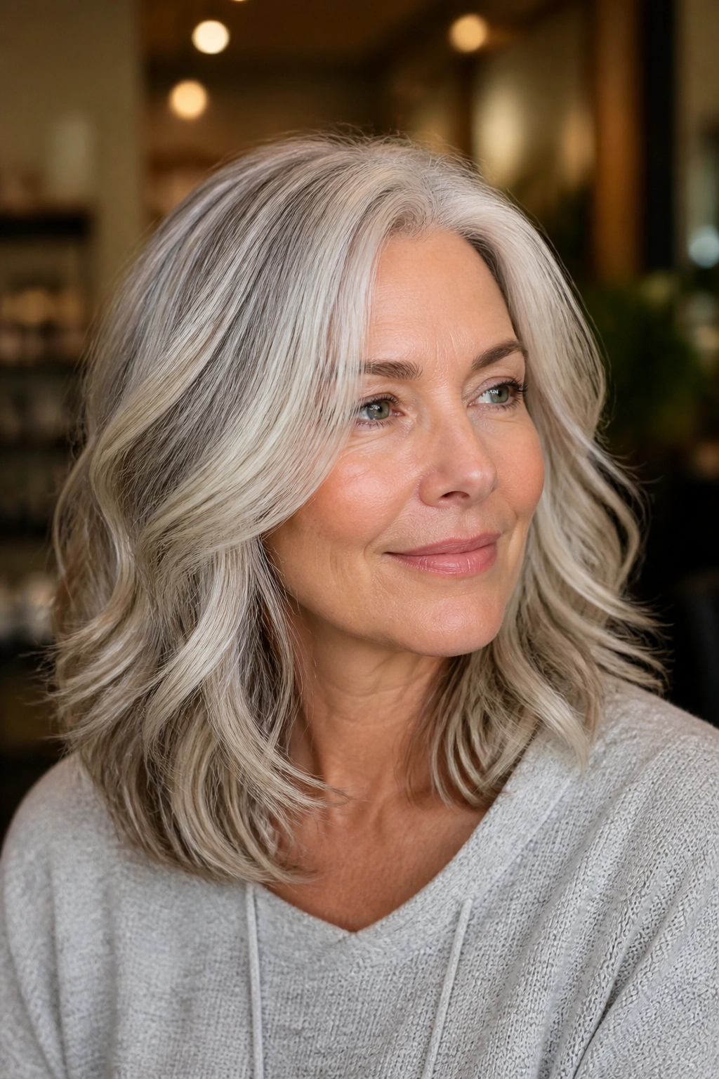 Close-up portrait of a real woman with champagne silver hair and neutral lowlights, shoulder-length and styled with soft movement.