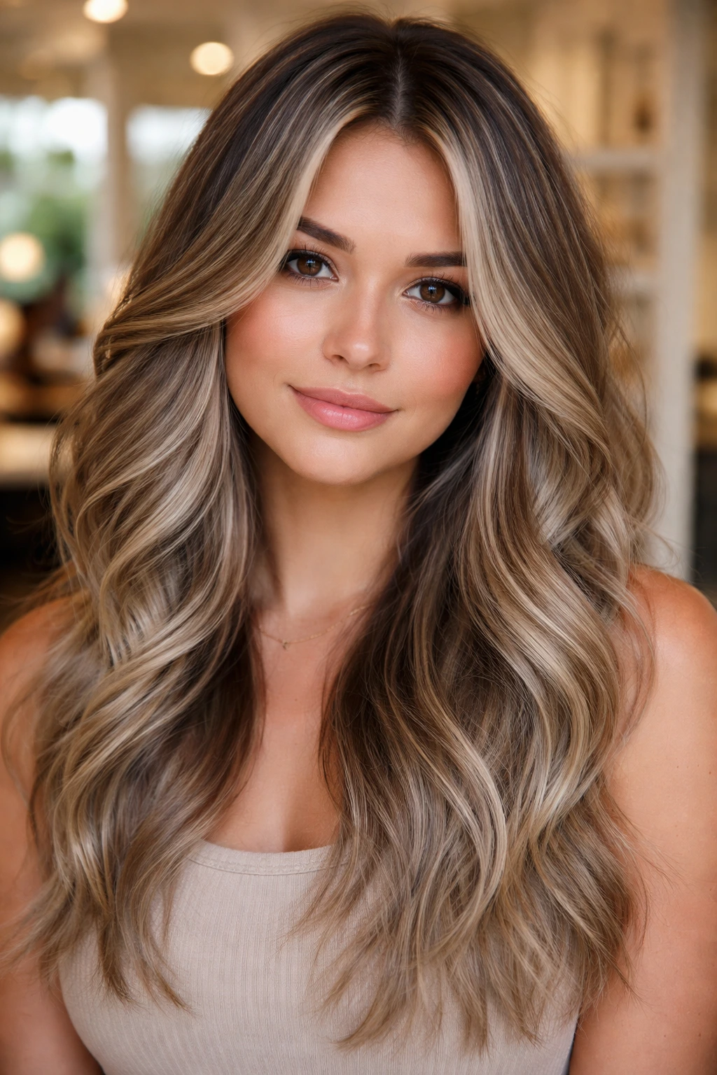 Close-up of a real person with champagne-silver highlights and micro-lowlights moving through mid-lengths and ends