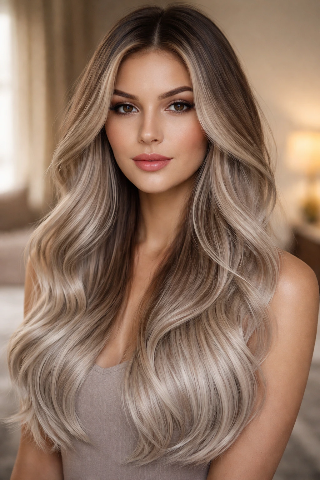 Close-up portrait of a real woman with champagne silver ombre hair in warm window light