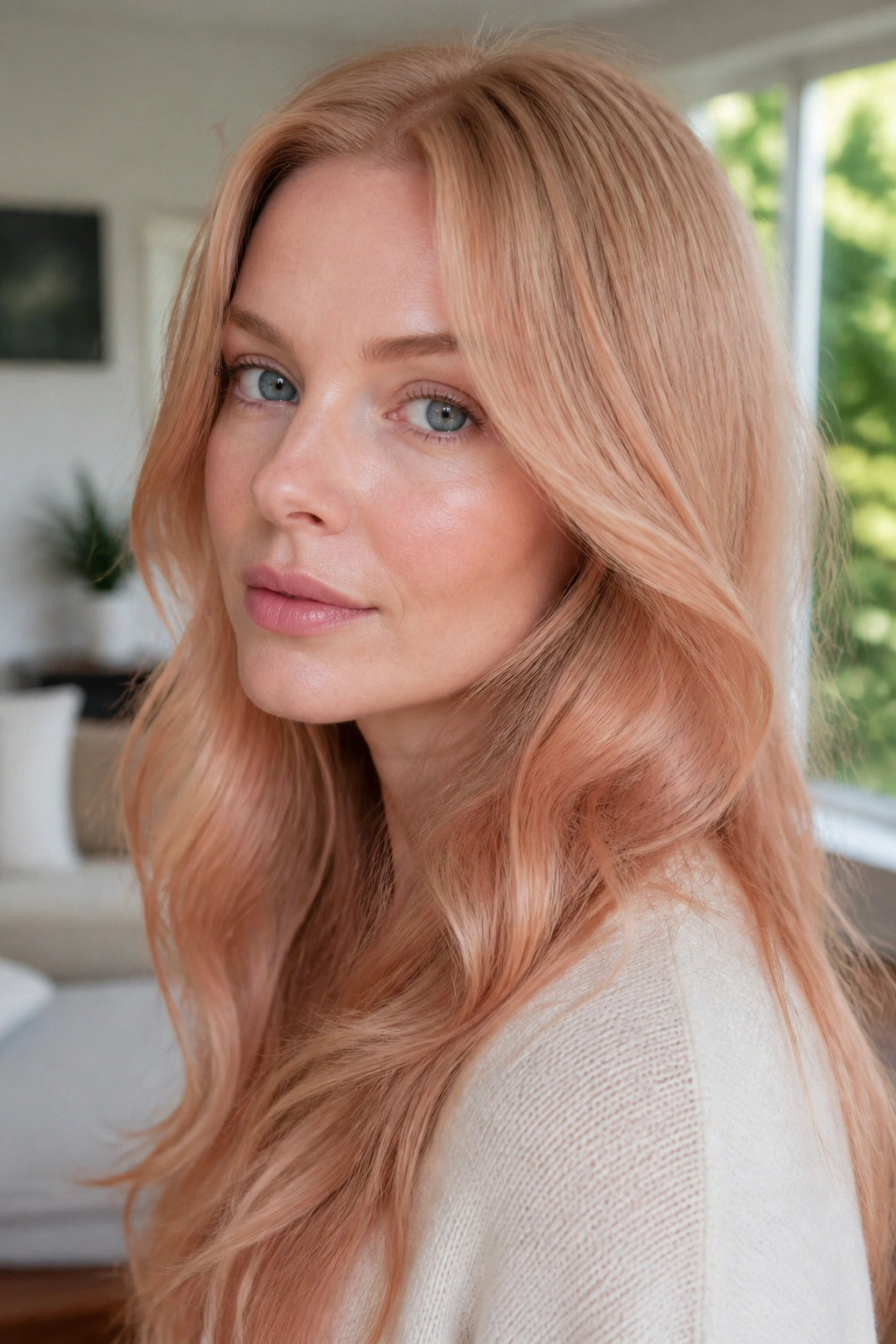 Close-up portrait of a woman with champagne strawberry blonde hair in soft daylight