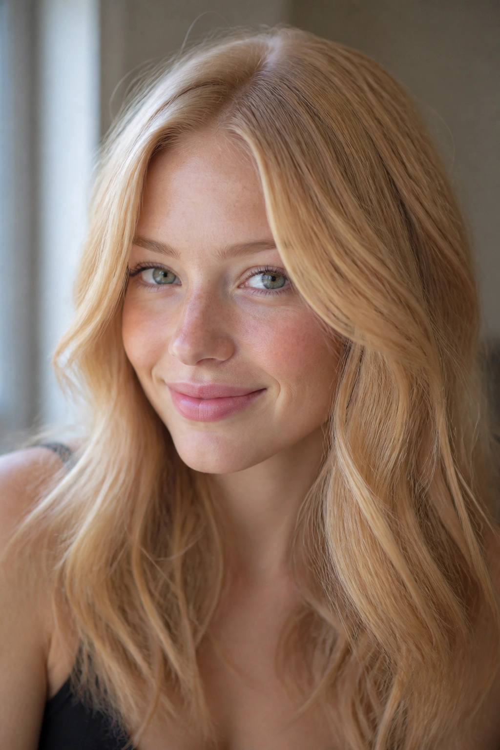 Close-up of a real woman with Champagne Strawberry Blonde hair in soft window light