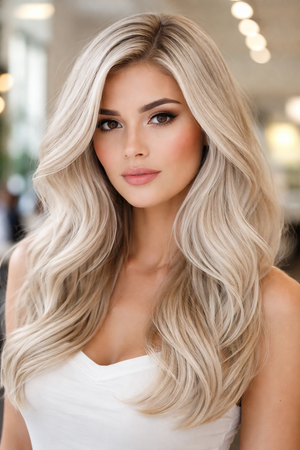 Close-up portrait of a real person with cool champagne vanilla hair in silver-white tones.