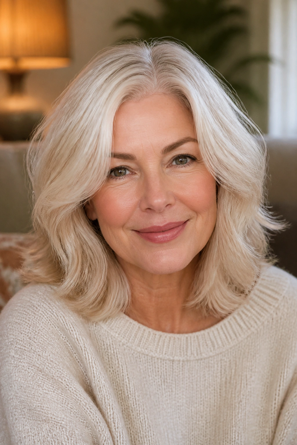 Portrait of a person with champagne-white hair blend in warm room