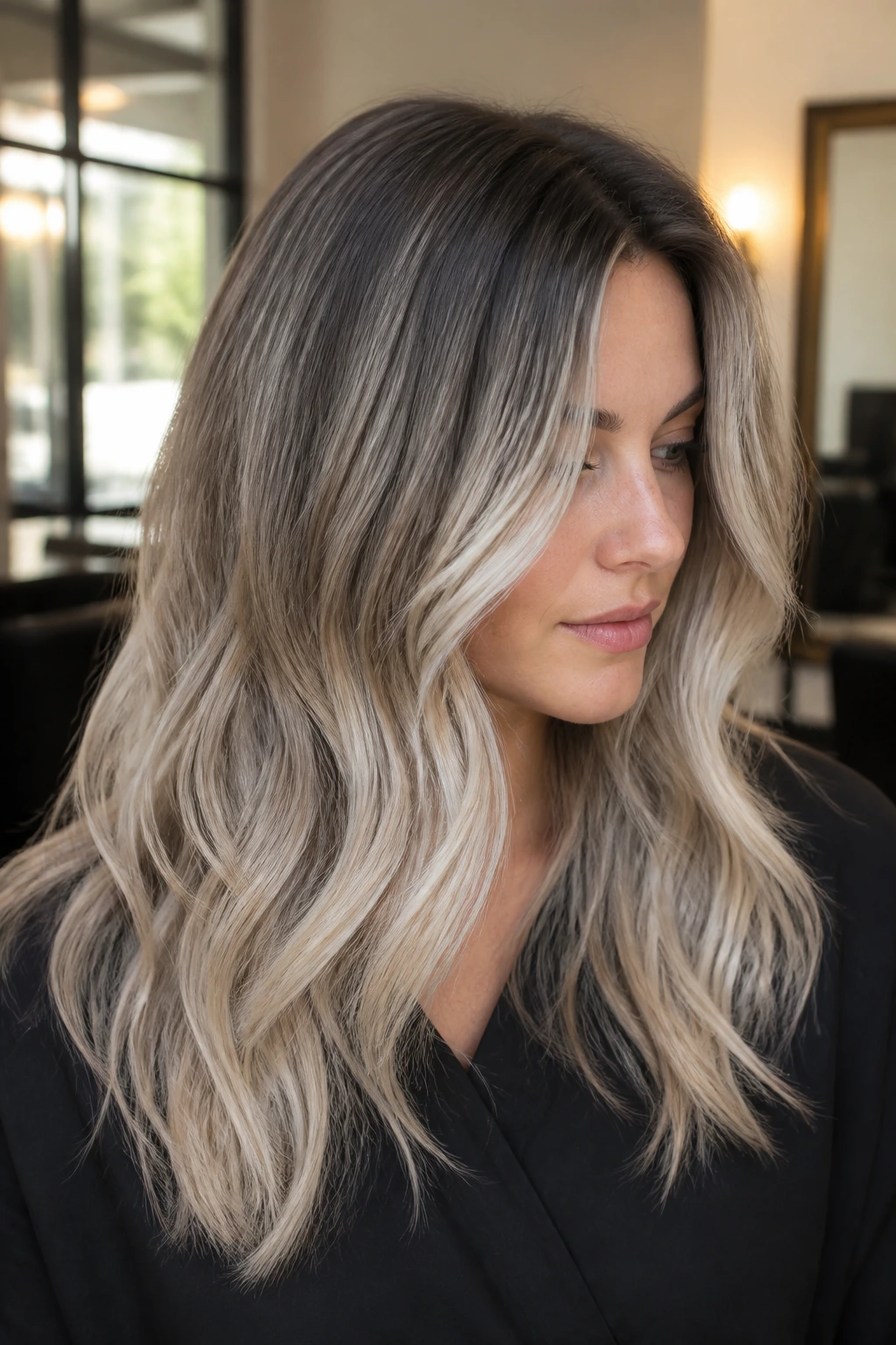 Close-up portrait of a real woman with charcoal-root ash-blonde hair in a salon setting.