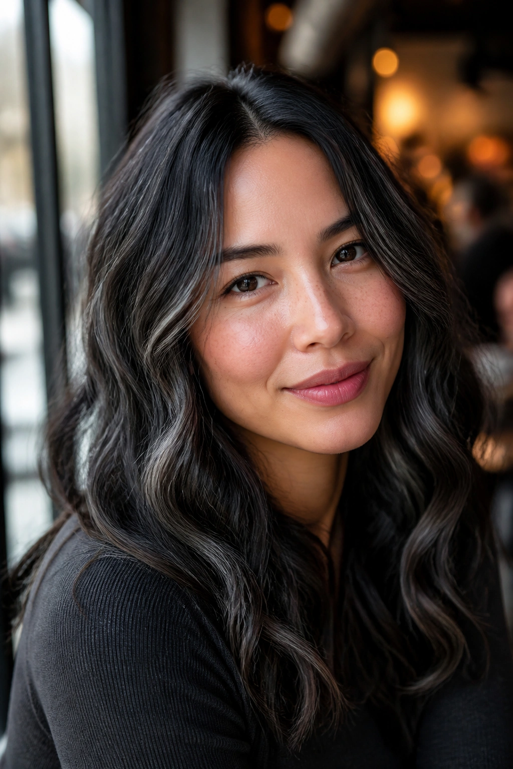 Close-up of a real woman with charcoal babylights in soft curls.