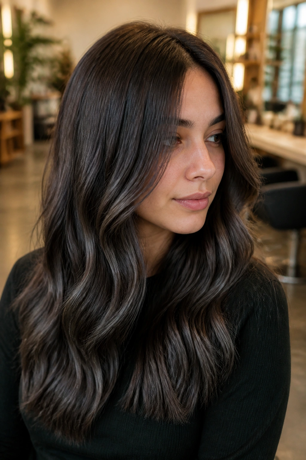 Close-up of a real person with charcoal balayage through chocolate brown hair