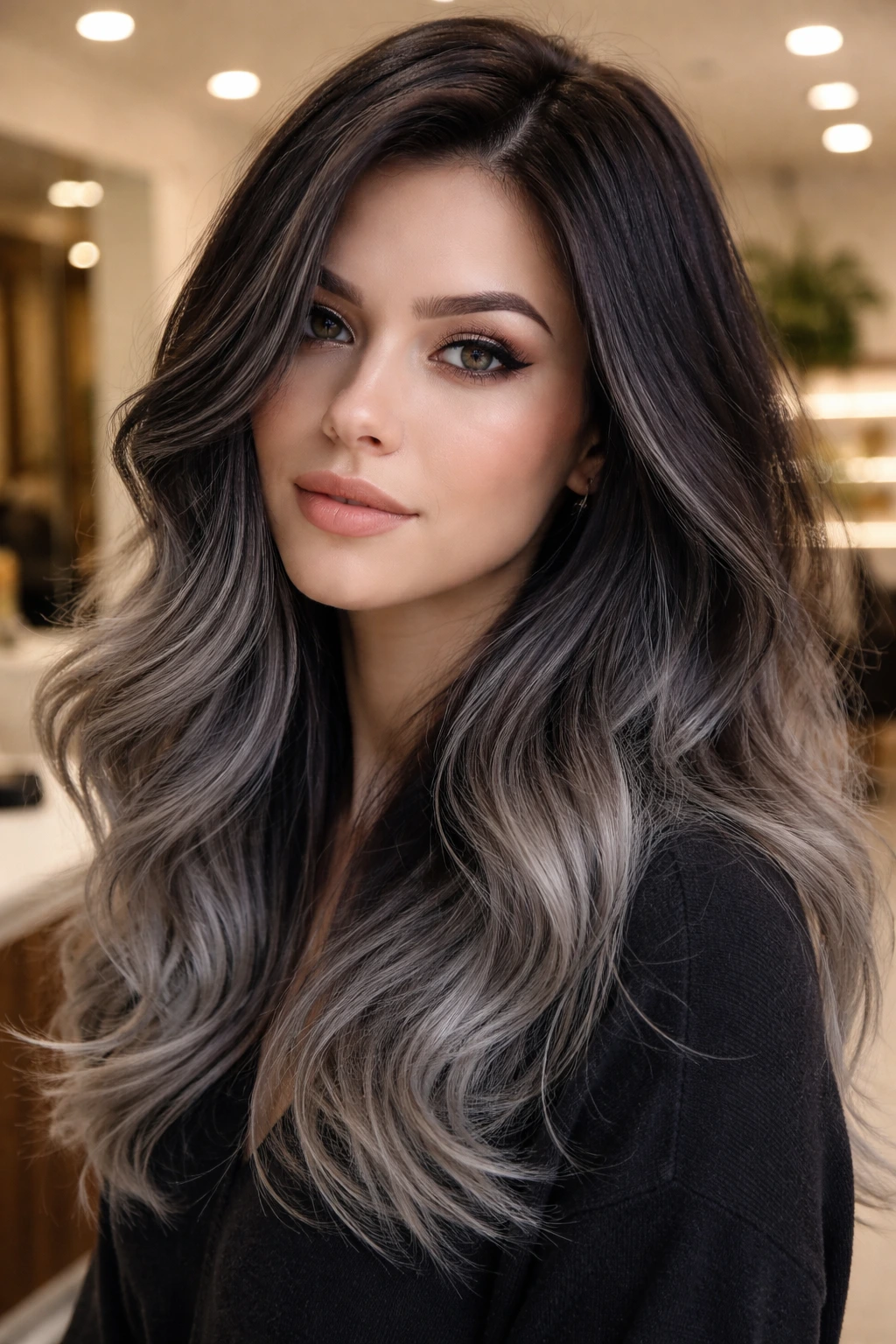 Portrait of a real person with charcoal balayage hair