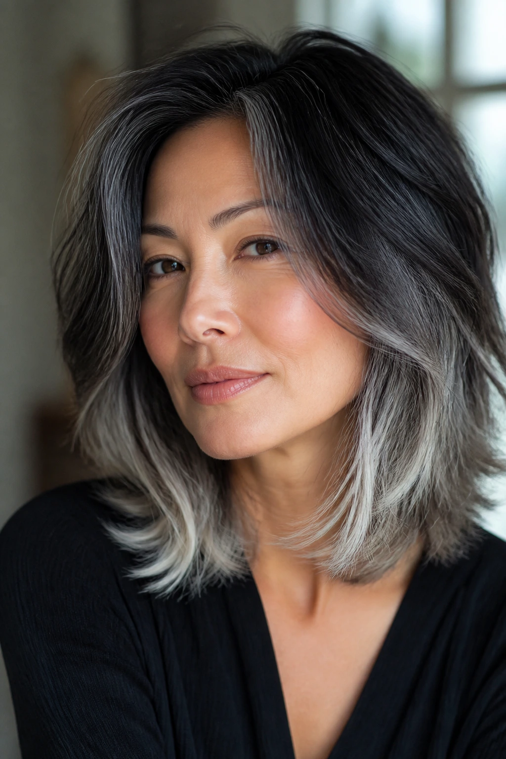 Portrait of a real woman with charcoal base hair and frosted tips.