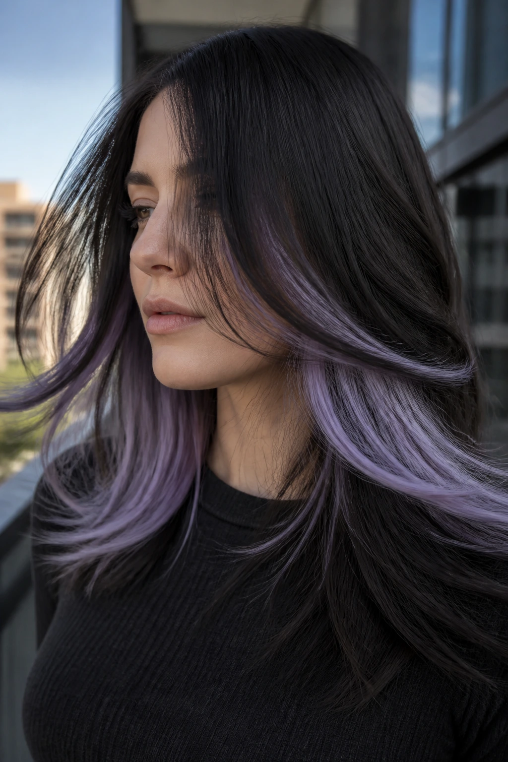 Close-up of a real person with charcoal base hair and silver-purple panels.