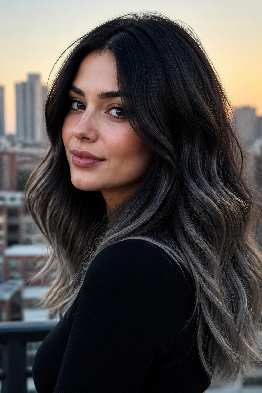 Close-up portrait of a real person with charcoal-black roots and ash ends in long wavy hair.