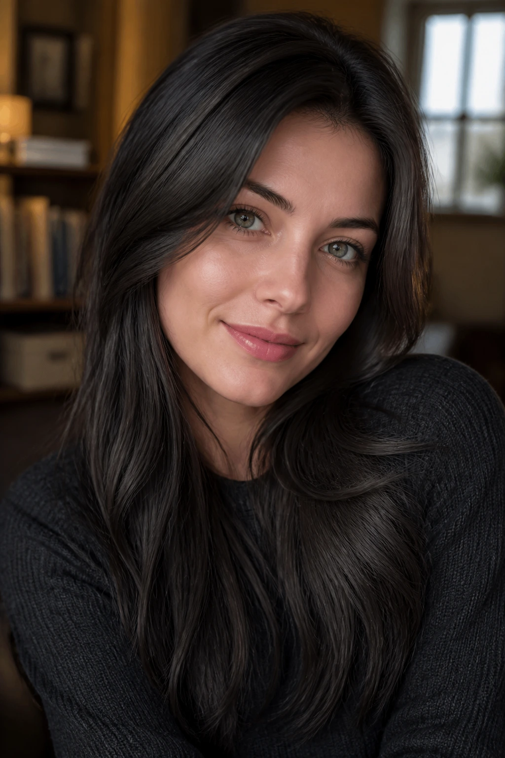 Close-up of a real person with charcoal brown hair in ash finish