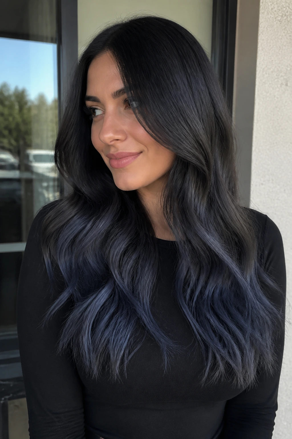 Long hair with charcoal brown ombré gradient.