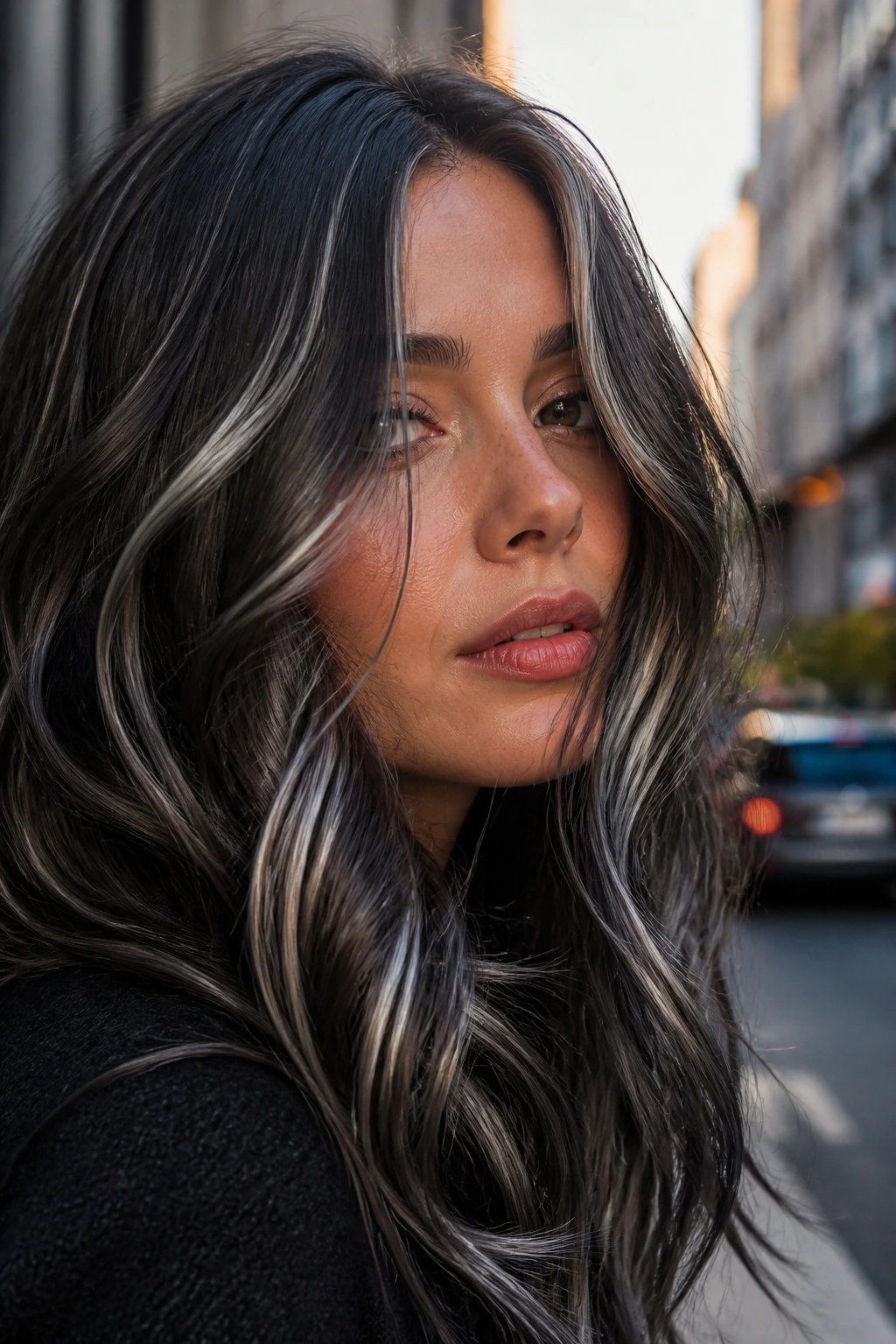 Close-up portrait of a real person with charcoal brown hair and soft silver ribbons