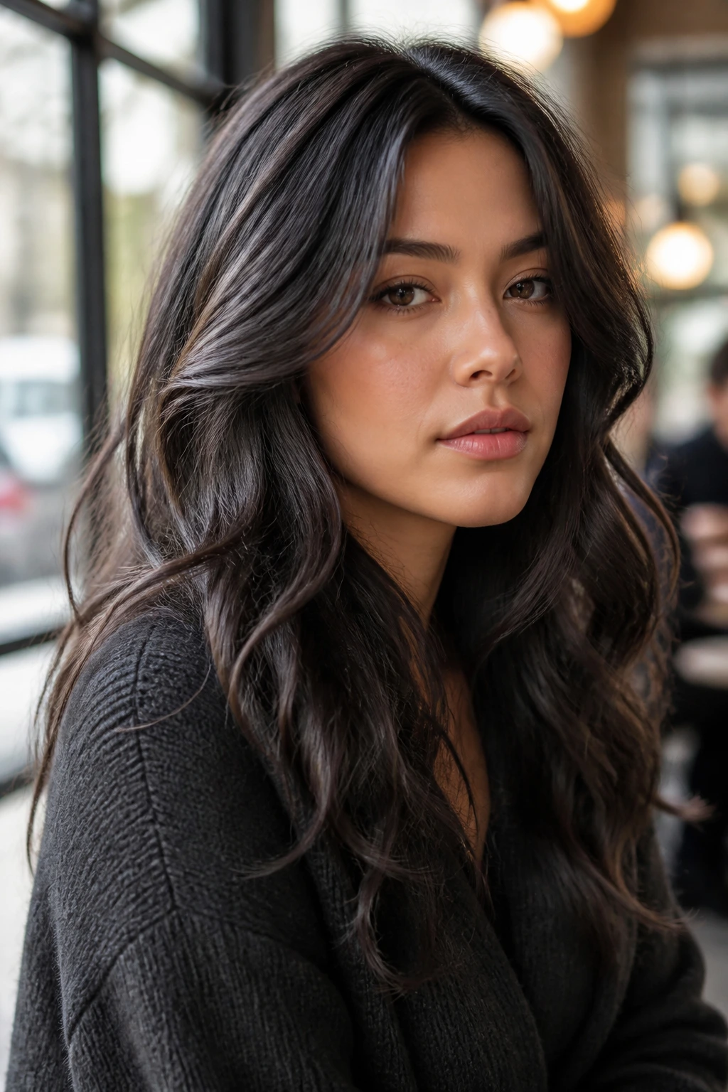 Portrait of a real woman with charcoal brown smoky waves