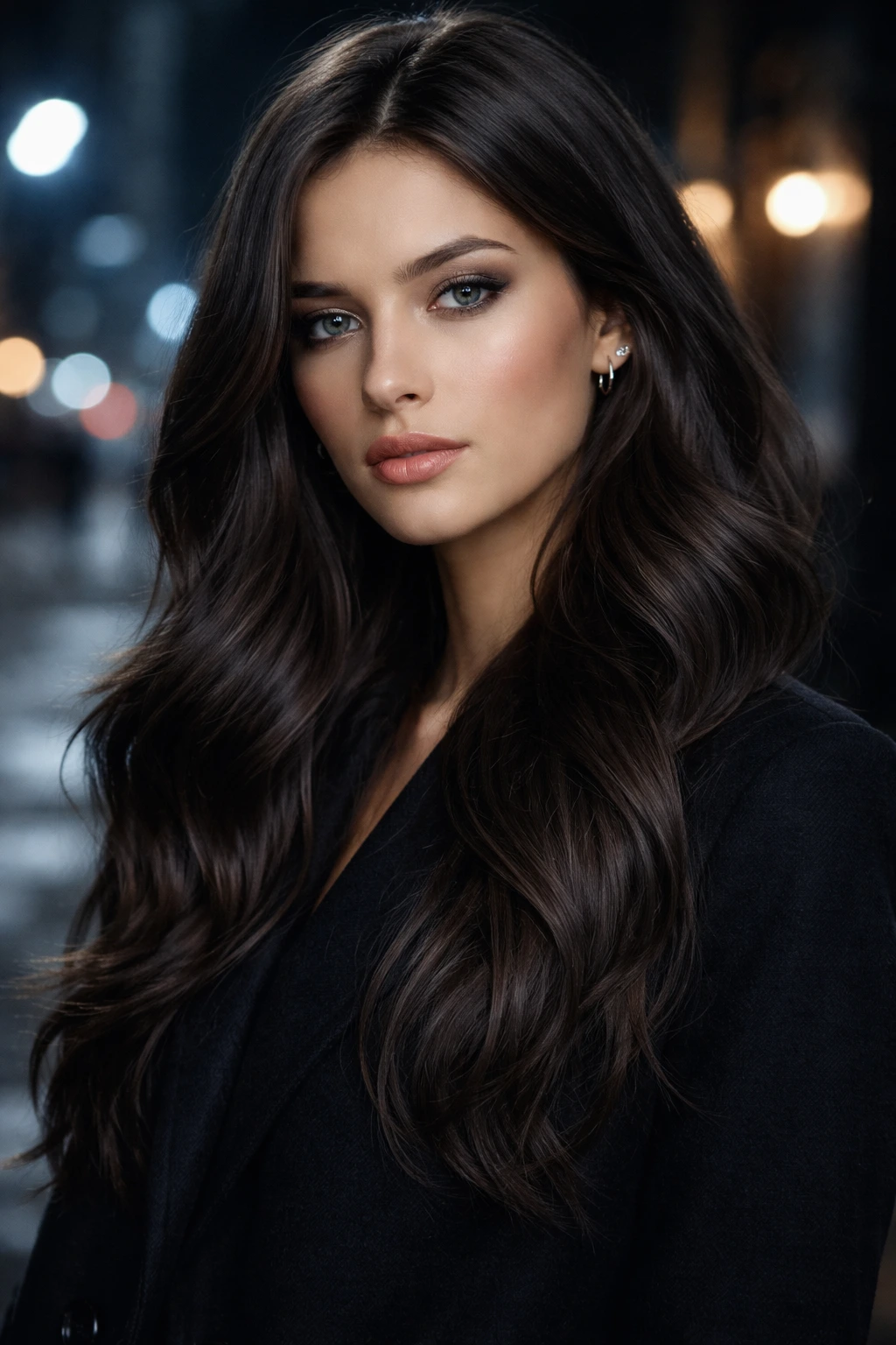 Close-up portrait of a real woman with Charcoal Chocolate hair in a moody night setting.