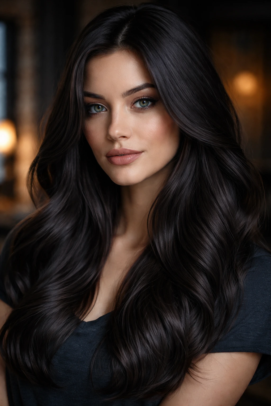 Real person with charcoal chocolate hair in moody loft lighting