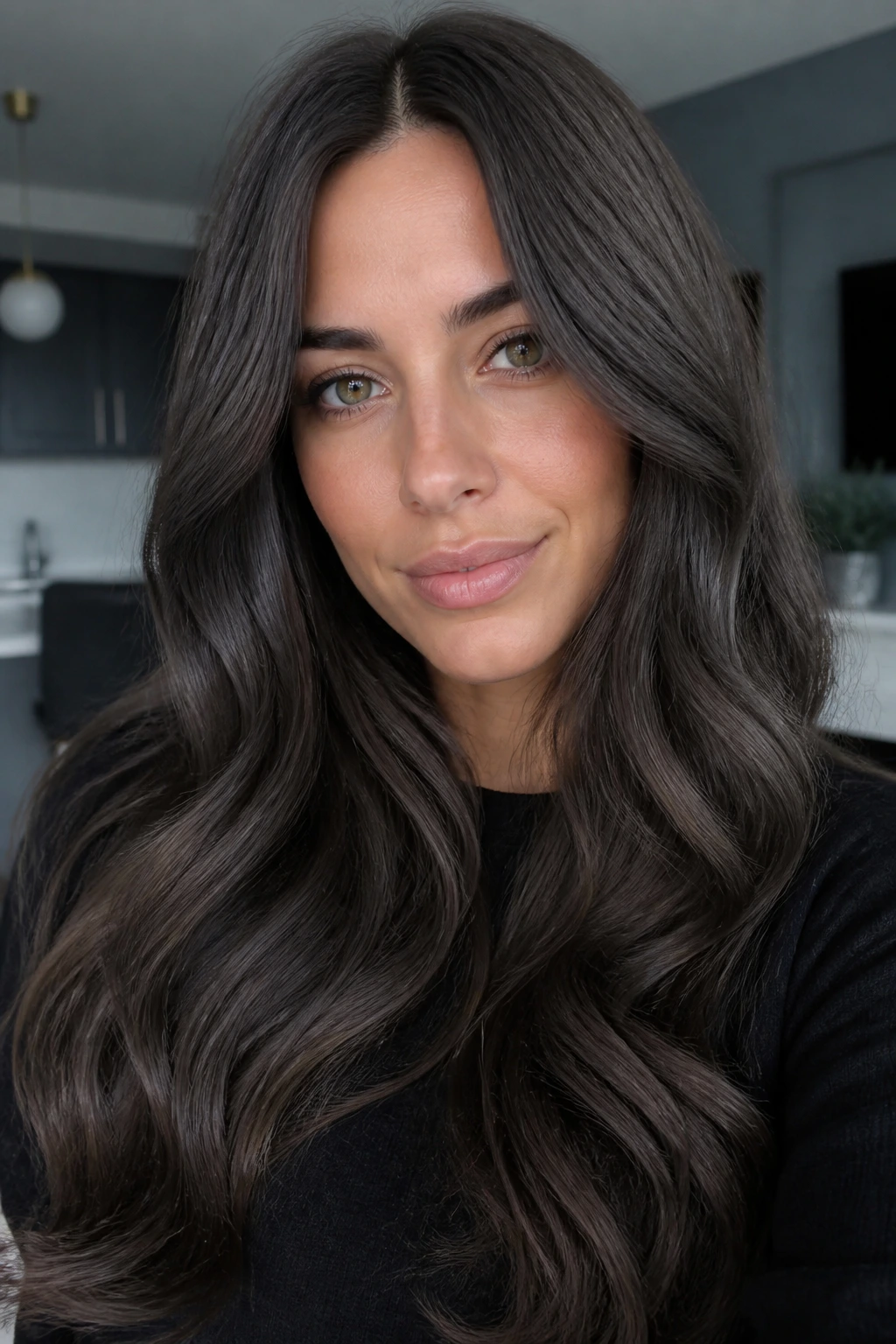 Close-up of a real woman with charcoal chocolate hair in cool lighting