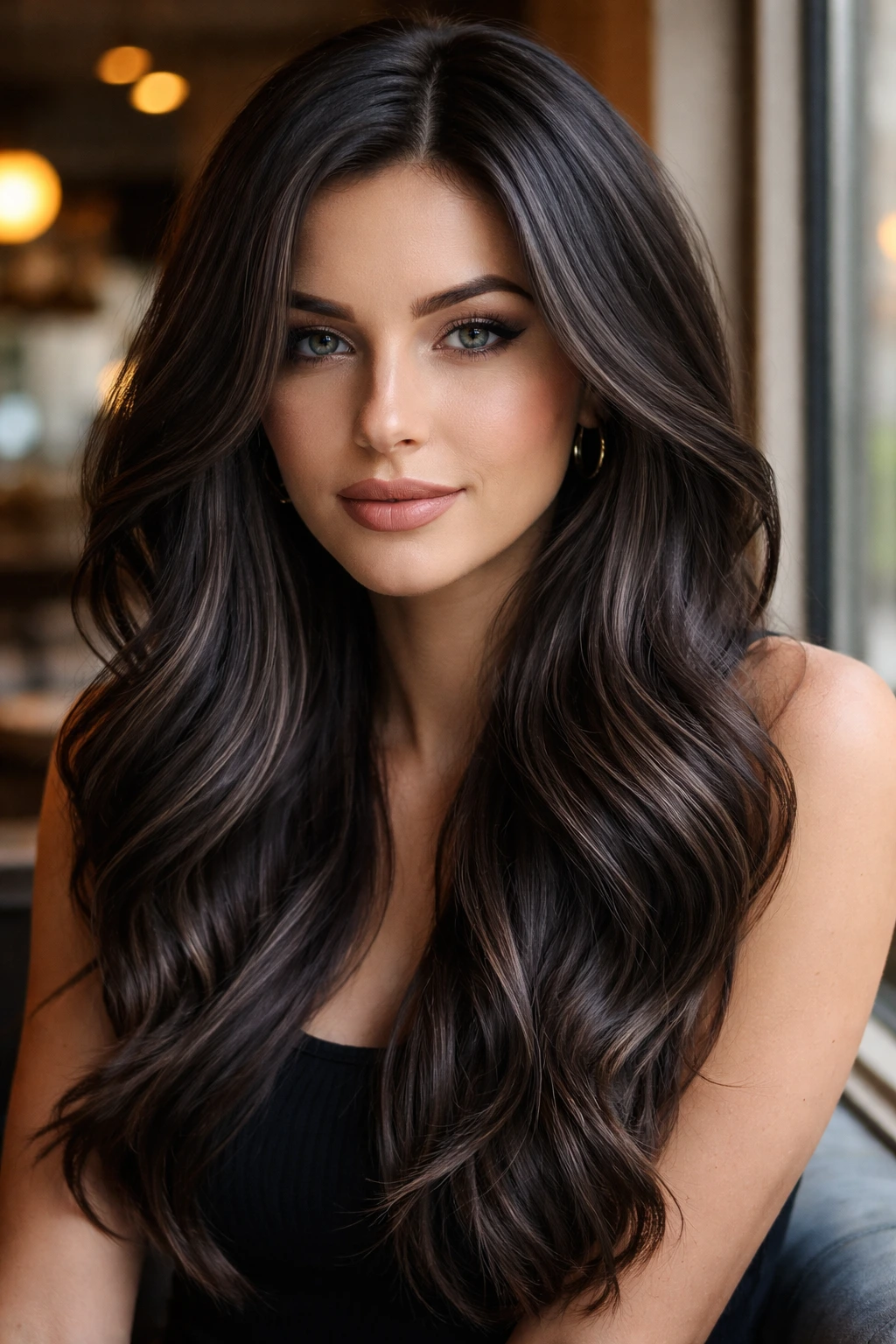 Close-up of a woman with charcoal-chocolate hair under natural light