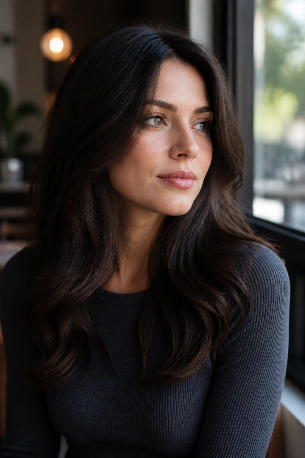 Close-up portrait of real person with charcoal cocoa hair in cool lighting