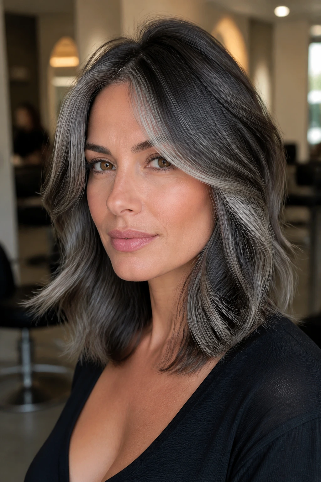 Portrait of a real woman with charcoal and dove-gray contour highlights shaping her jawline