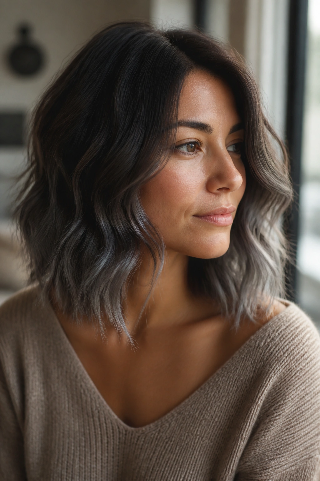 Wavy lob with charcoal-grey ends on a real person