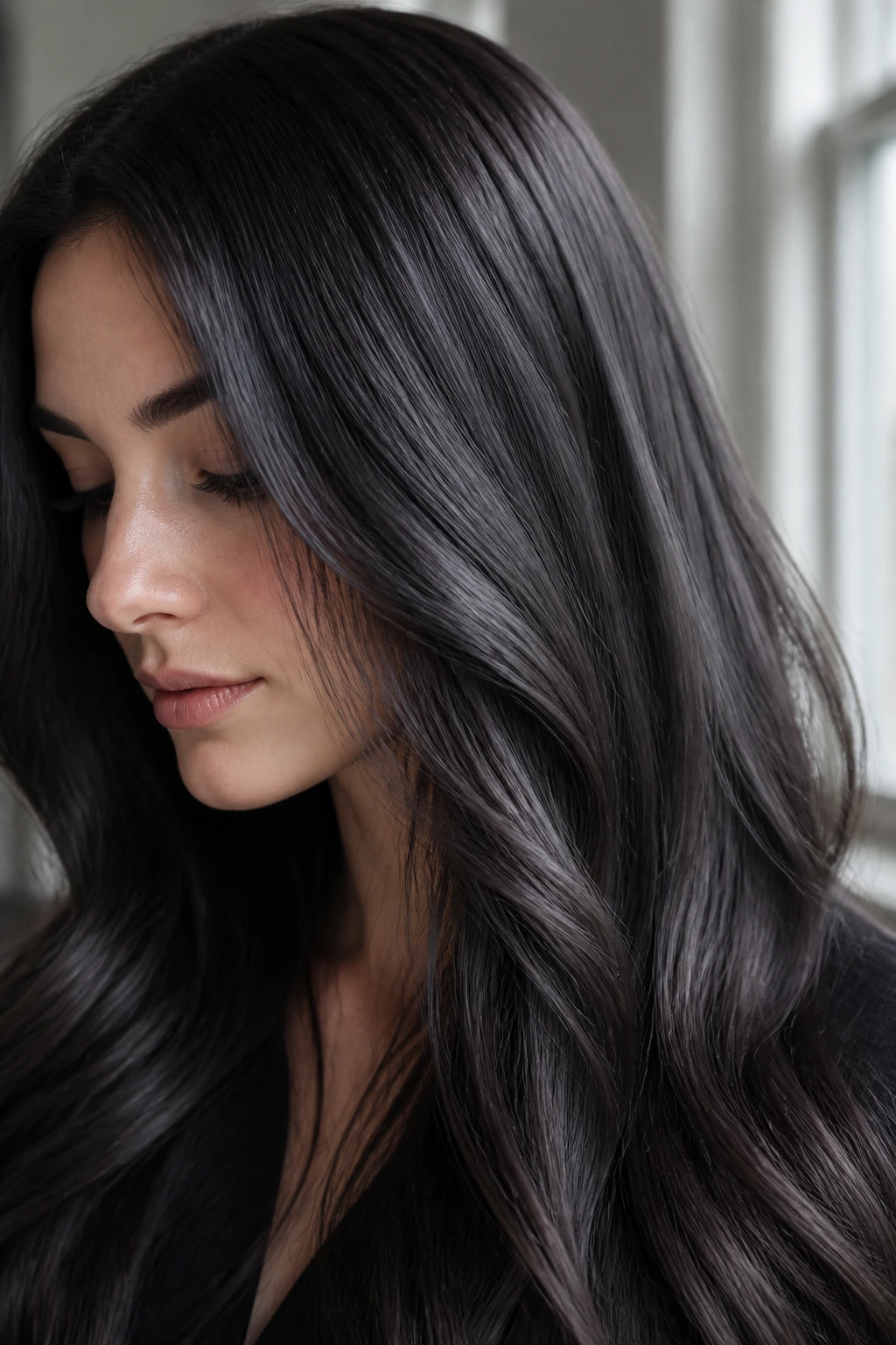 Close-up portrait of a person with charcoal gloss dark hair and cool complexion