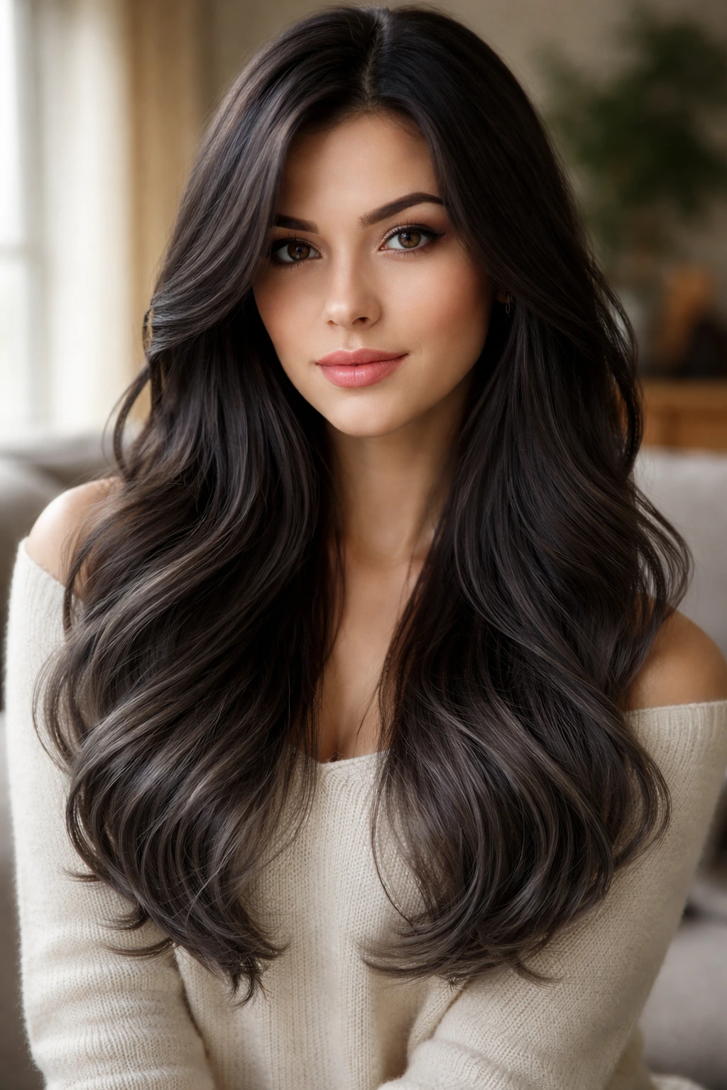 Close-up portrait of a real woman with a charcoal gray dip on the hair ends