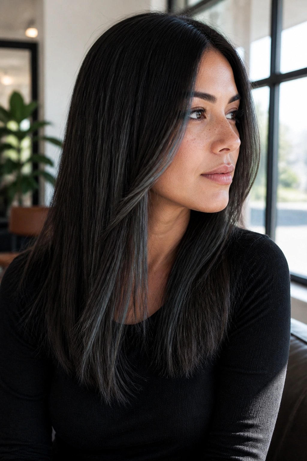 Espresso hair with charcoal highlight panels framing the sides