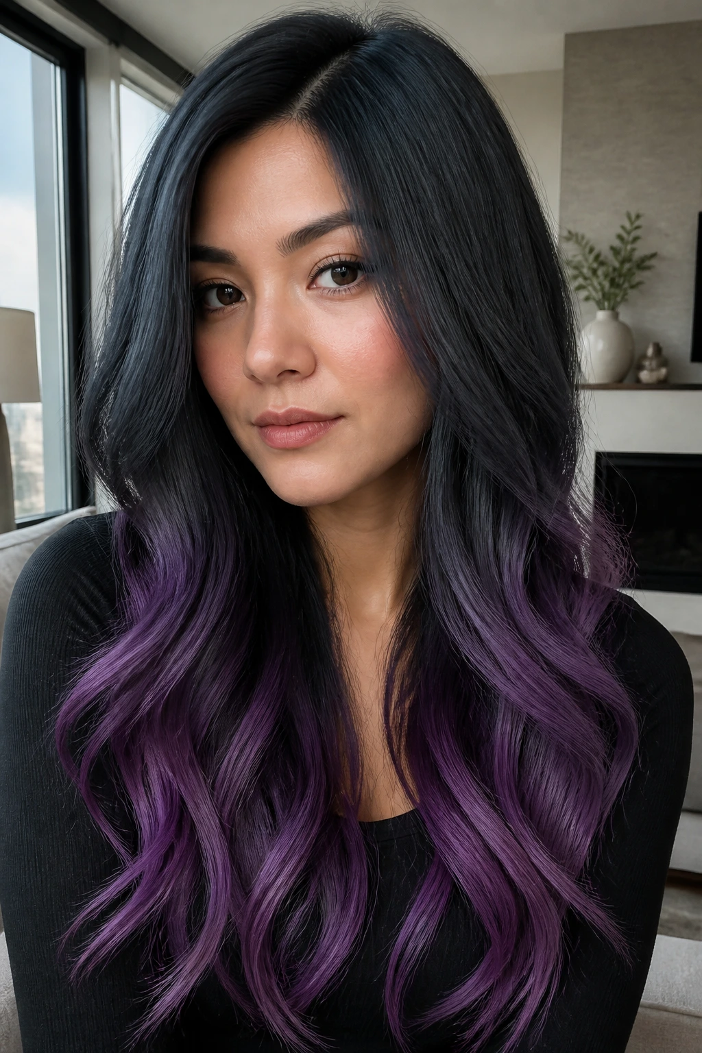 Close-up of a real woman with charcoal to iris fade hair from dark roots to purple ends