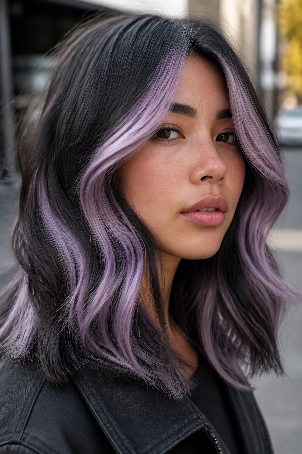 Close-up of charcoal hair with lilac ribbons on a real person