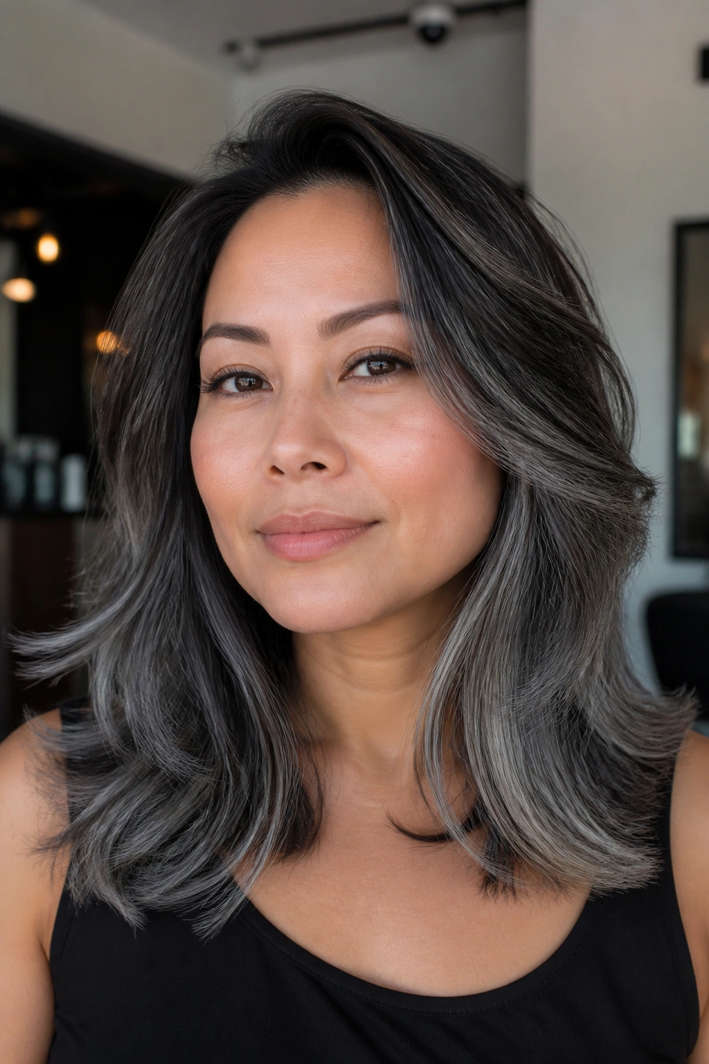 Close-up of a real woman with charcoal lowlights and grey tips