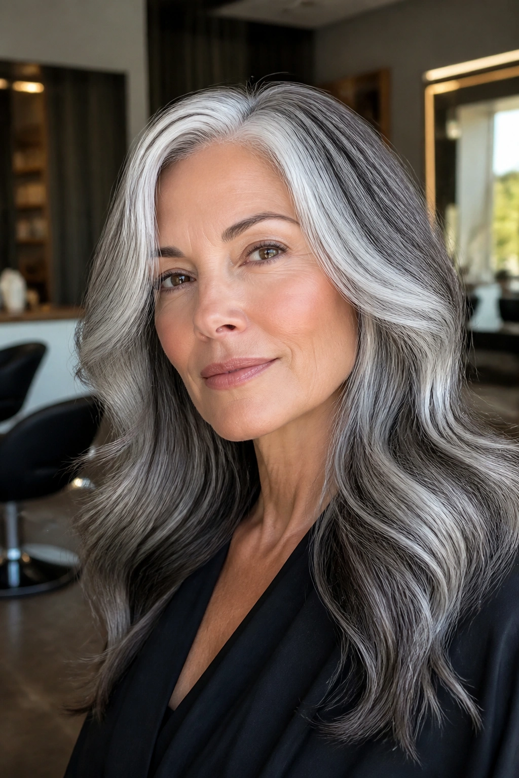 Close-up of a real woman with charcoal lowlights woven into a silver base hair color.