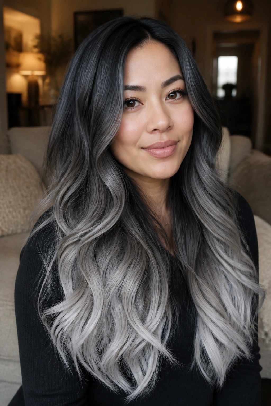 Close-up of a real person with thick hair in a charcoal melt from black to silver