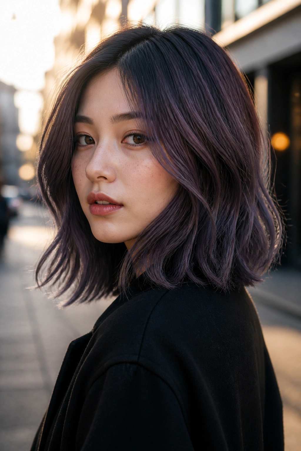 Close-up of a real woman with charcoal orchid color on a lob.
