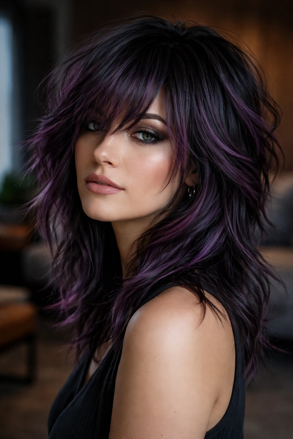 Close-up of a woman with charcoal orchid shag showing smoky base and orchid highlights.